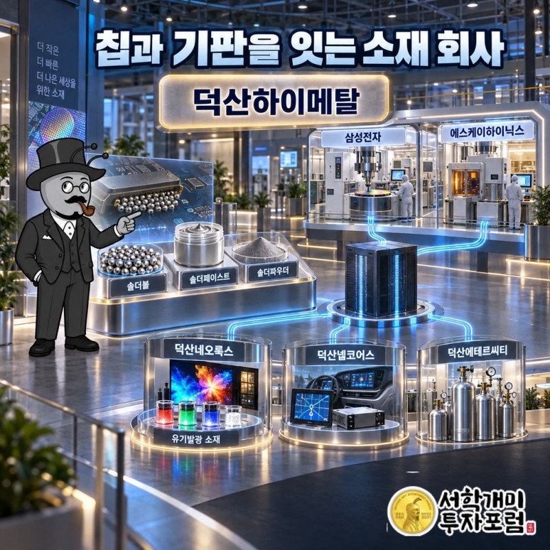 덕산하이메탈이 솔더볼과 OLED 소재를 삼성전자·SK하이닉스 등에 팔고 덕산네오룩스·덕산넵코어스·덕산에테르씨티를 거느린 구조도