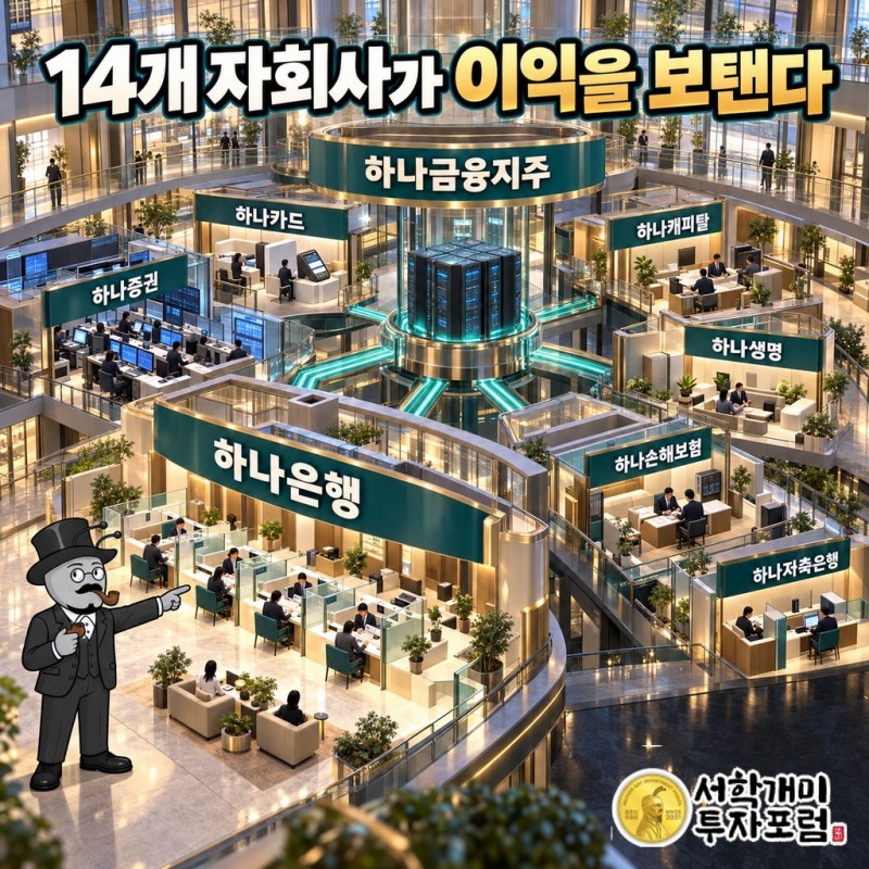 하나은행을 중심으로 증권·카드·캐피탈·보험 등 14개 자회사가 이익을 보태는 하나금융지주 구조도
