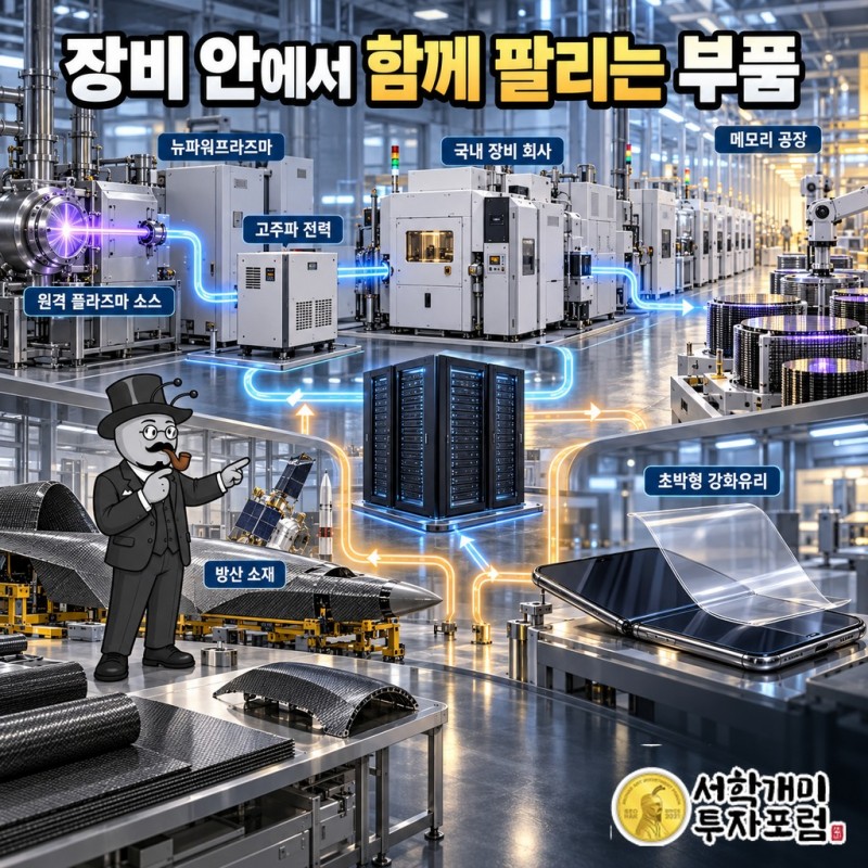 뉴파워프라즈마가 국내 장비 회사에 RPS·RFS를 공급하고, 그 장비가 메모리 공장에 깔리며, 자회사가 방산 소재와 UTG를 납품하는 돈의 흐름