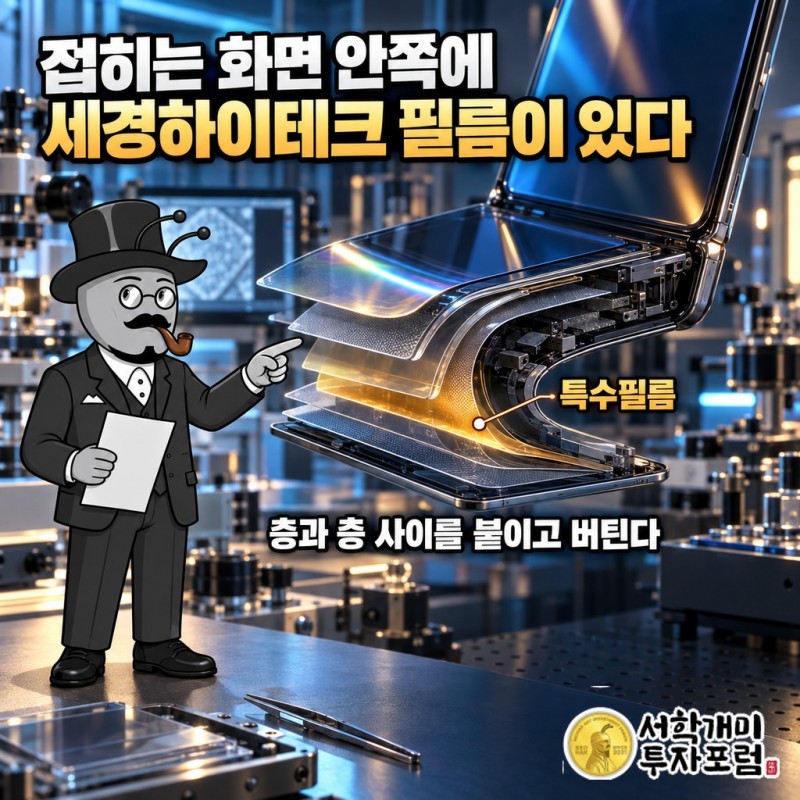 접히는 폴더블폰 화면의 여러 층 사이에 들어간 특수필름 단면 모습