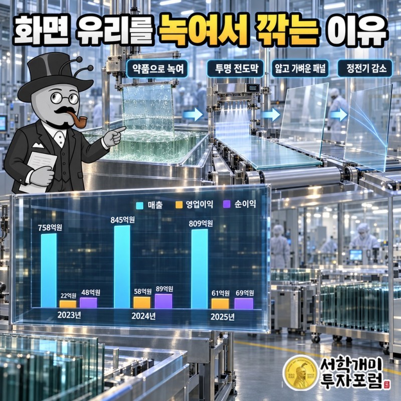 패널 유리의 불필요한 두께를 약품으로 녹여 얇게 만들고 ITO 투명 전도막을 입히는 공정