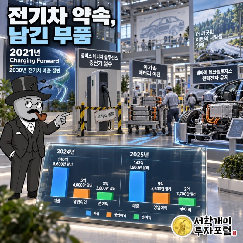 2021년 Charging Forward 계획과 델파이·아카솔·롬버스 인수 이후 충전기는 철수, 배터리는 이전, 전력전자는 유지된 흐름