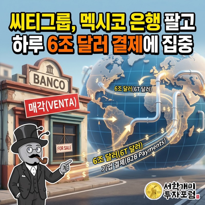 멕시코 은행 지점 간판과 세계 지도 위를 잇는 기업 결제 배관이 대비된 씨티그룹 표지