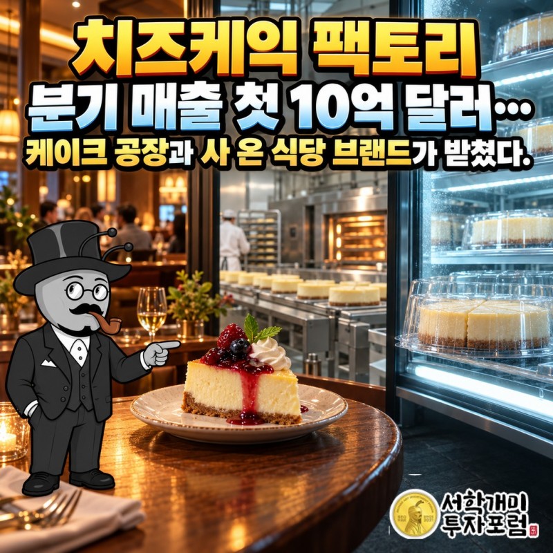 치즈케익 팩토리 케이크가 식당 접시와 마트 냉동 코너에 함께 놓인 커버