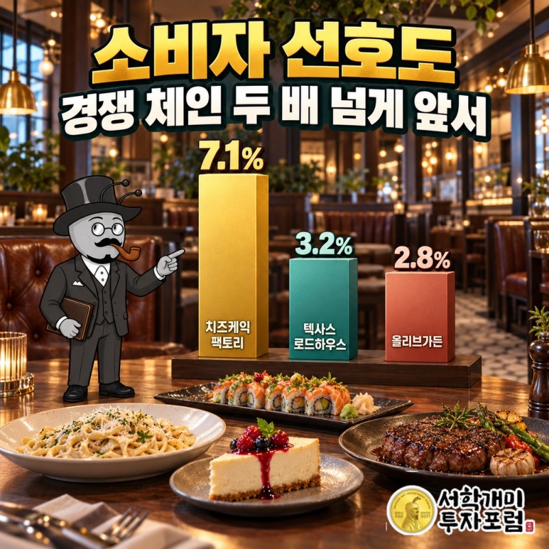 소비자 선호도 치즈케익 팩토리 7.1%, 텍사스 로드하우스 3.2%, 올리브가든 2.8% 비교