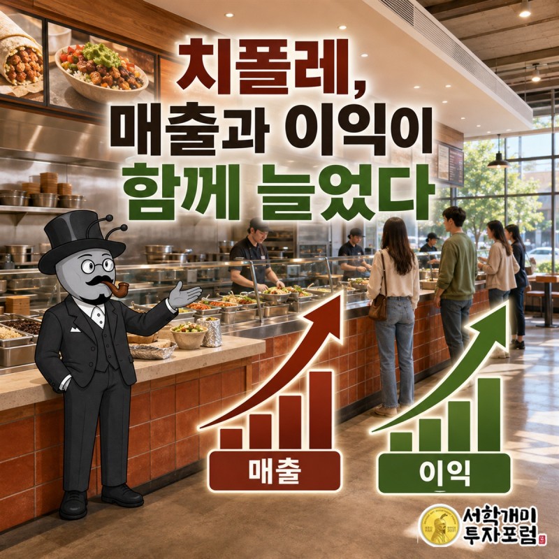 매출과 이익이 함께 늘어난 치폴레를 주문대와 실적 계기판으로 표현한 커버 장면