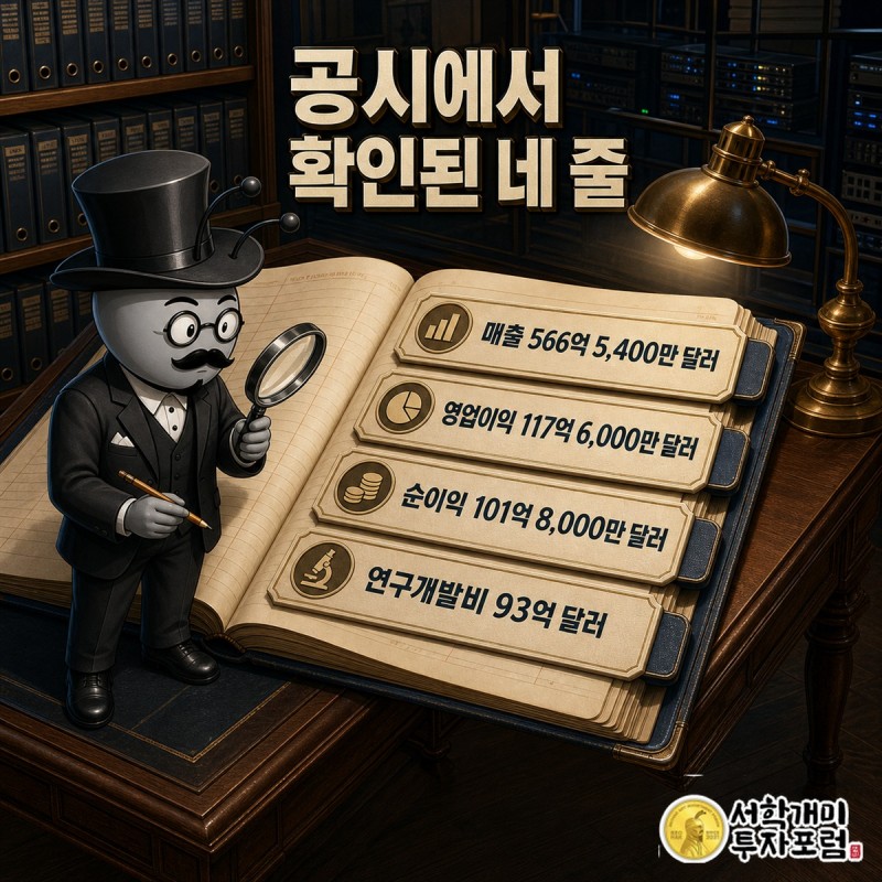 시스코 공시에서 매출과 영업이익, 순이익, 연구개발비를 점검하는 장면