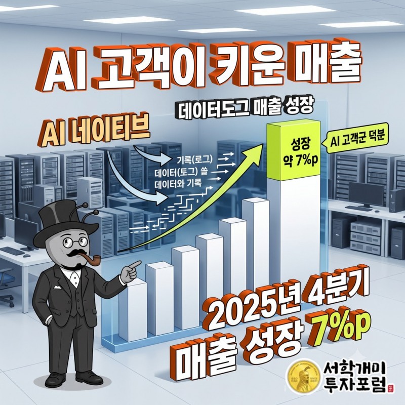 AI 네이티브 고객군이 2025년 4분기 데이터도그 매출 성장 약 7%포인트를 차지한 내용