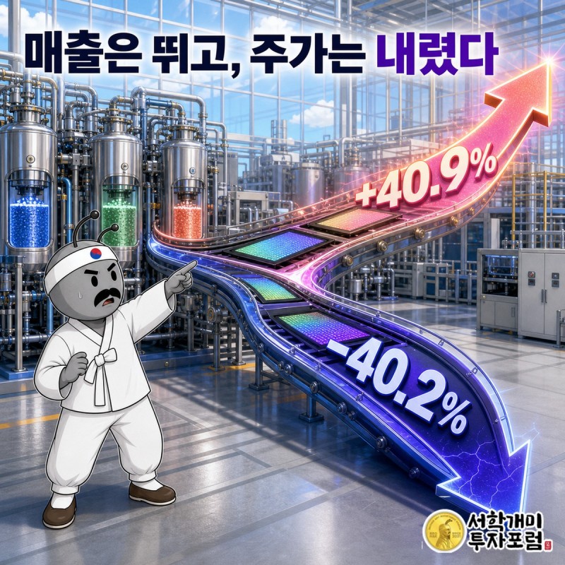 서민개미가 오른쪽으로 계속 올라가는 매출 막대와 아래로 내려온 주가 선을 함께 올려다보는 장면