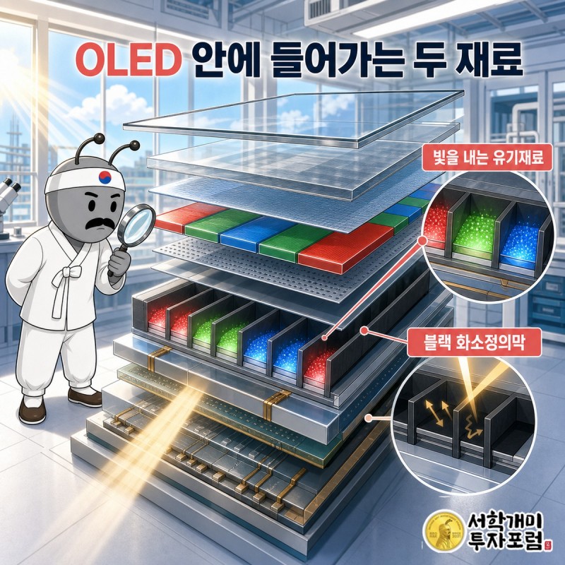 서민개미가 스마트폰 화면 속 발광층 구조를 확대경으로 들여다보는 장면