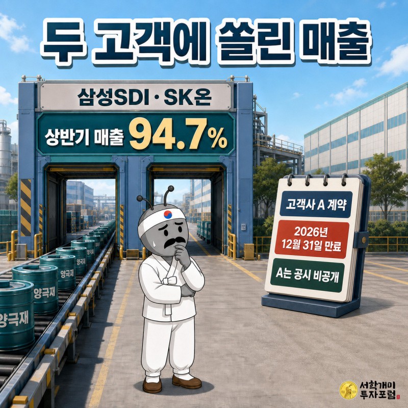 2026년 상반기 매출의 94.7%가 삼성SDI와 SK온 두 곳. 정체가 공개되지 않은 고객사 A와의 계약은 2026년 12월 31일 만료
