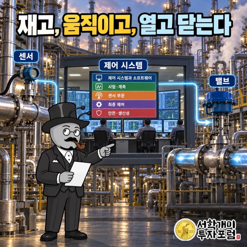 공장에서 센서가 재고 제어 시스템이 판단해 밸브를 여닫는 세 단계와 새로 나눈 5개 사업 부문