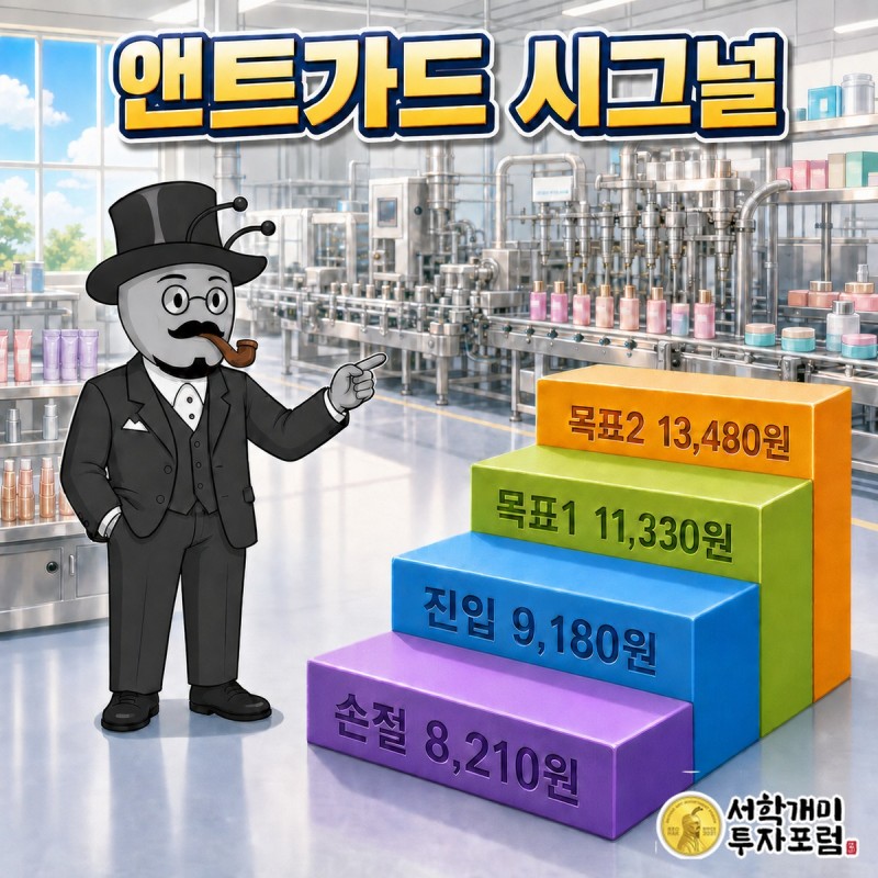 진입 , 손절 , 목표1 , 목표2 이 계단형으로 배치된 앤트가드 시그널 네 숫자
