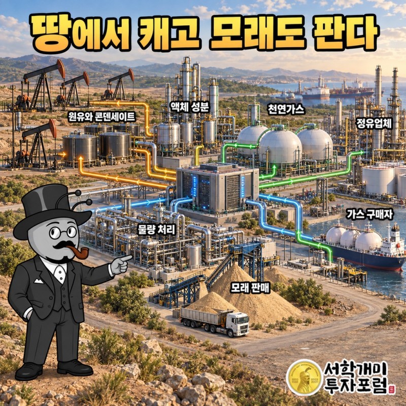 EOG 리소시스가 원유·천연가스·액체 성분을 캐서 정유업체와 가스 구매자에게 팔고 모래 판매와 물량 처리로도 버는 구조도