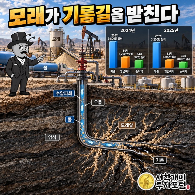 물과 모래를 암석 틈에 밀어 넣어 모래알이 틈을 받치고 기름이 우물로 흘러나오는 수압파쇄 단면도