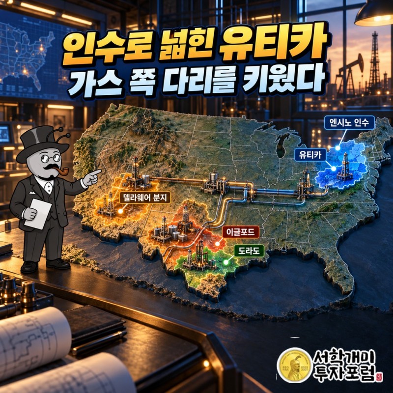 Encino 인수로 넓어진 Utica와 Delaware Basin·Eagle Ford·Dorado를 함께 개발하는 EOG 생산 구역 지도