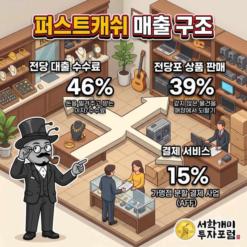 퍼스트캐쉬 매출 구조: 전당 대출 수수료 46%, 전당포 상품 판매 39%, AFF 결제 사업 15%