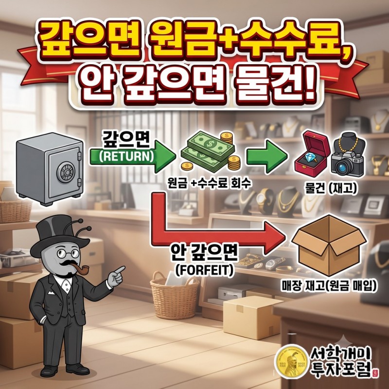 손님이 갚으면 원금과 수수료가 돌아오고 갚지 않으면 원금 값으로 물건이 재고가 되는 두 갈래 흐름