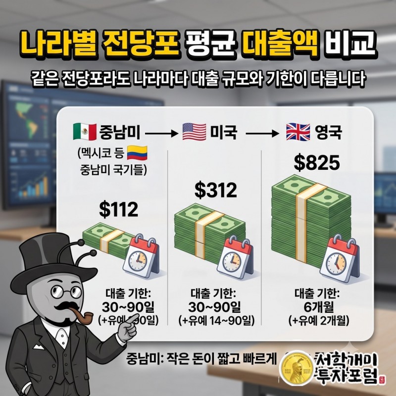 나라별 평균 대출액 비교: 중남미 112달러, 미국 312달러, 영국 825달러와 대출 기한 차이