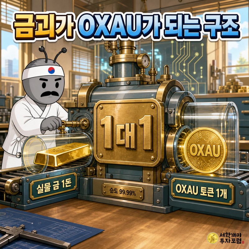 금괴가 기계를 통과해 OXAU 코인으로 1대1 변환되는 장치를 서민개미가 지켜보는 장면. 실물 금 1돈, 순도 99.99%, OXAU 토큰 1개