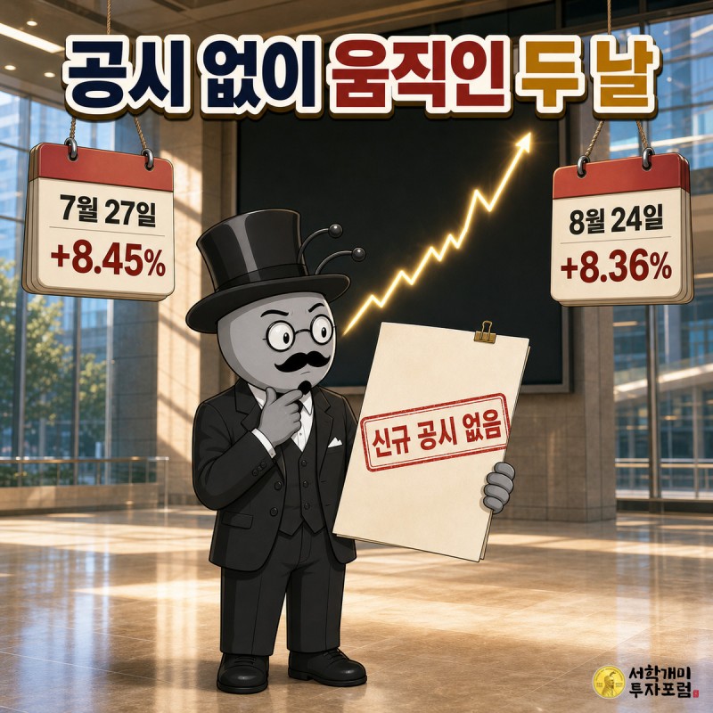 7월 27일 8.45%, 8월 24일 8.36% 상승 표지 사이에서 부자개미가 신규 공시 없음 서류를 든 장면
