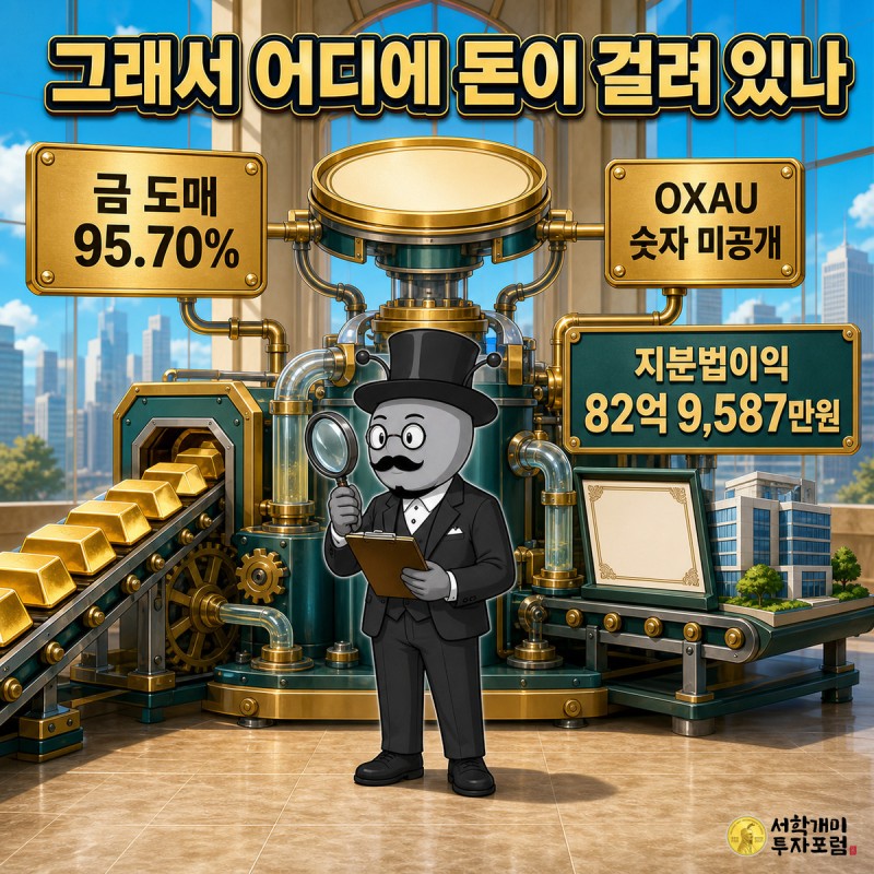 부자개미가 금 도매 95.70%, OXAU 숫자 미공개, 지분법이익 82억 9,587만원 세 축을 살피는 장면