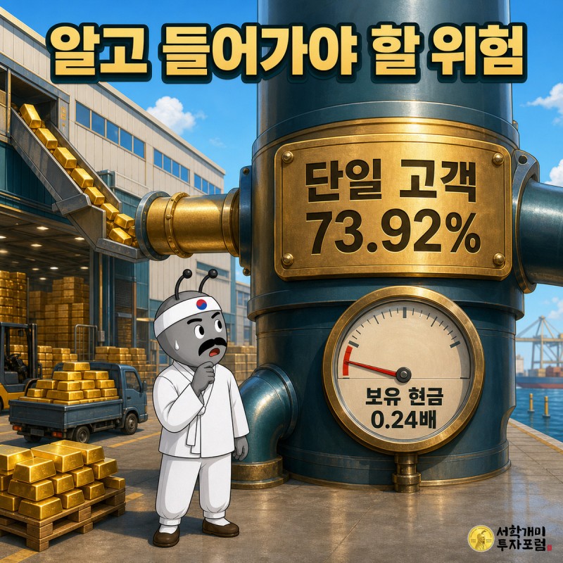 단일 고객 73.92%가 새겨진 대형 배관과 보유 현금 0.24배 계기판 앞에서 서민개미가 낭패한 표정을 짓는 장면