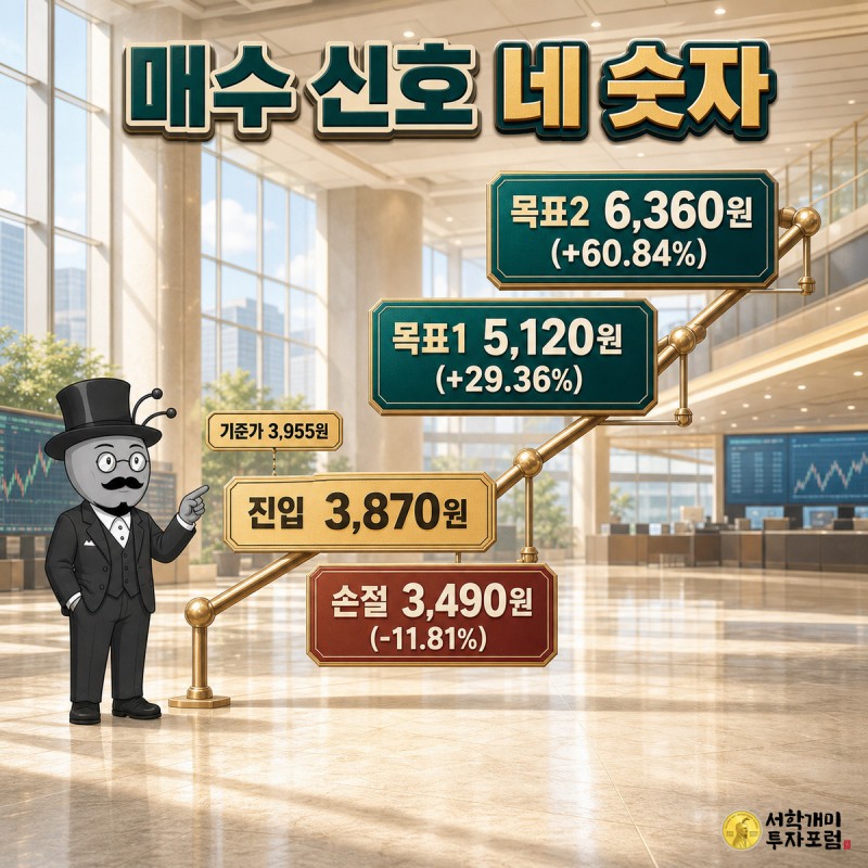 진입 , 손절 , 목표1 , 목표2 이 계단형으로 배치된 앤트가드 시그널 네 숫자