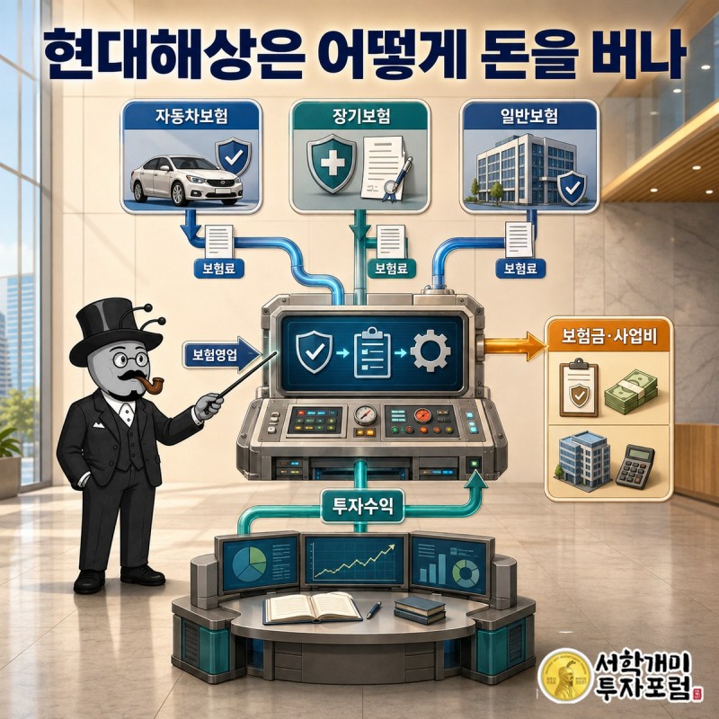 보험료가 보험금 지급과 자금 운용을 거쳐 이익으로 이어지는 현대해상 수익 구조