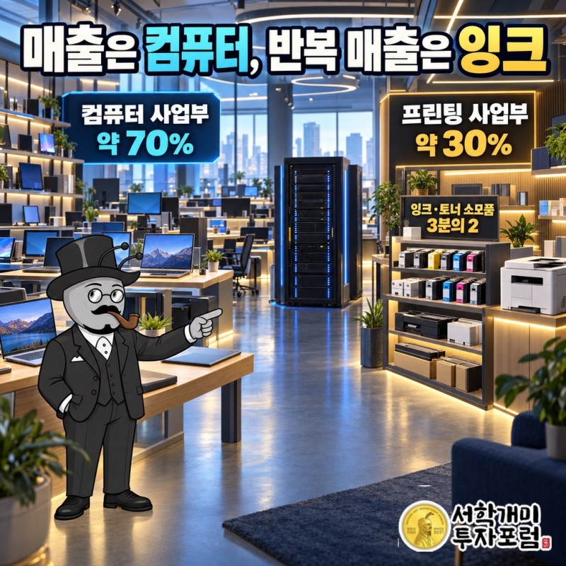 HP 매출 구조: PC 사업부가 약 70%, 프린팅 사업부가 약 30%이고 프린팅 안에서 잉크·토너 소모품이 3분의 2를 차지하는 모습