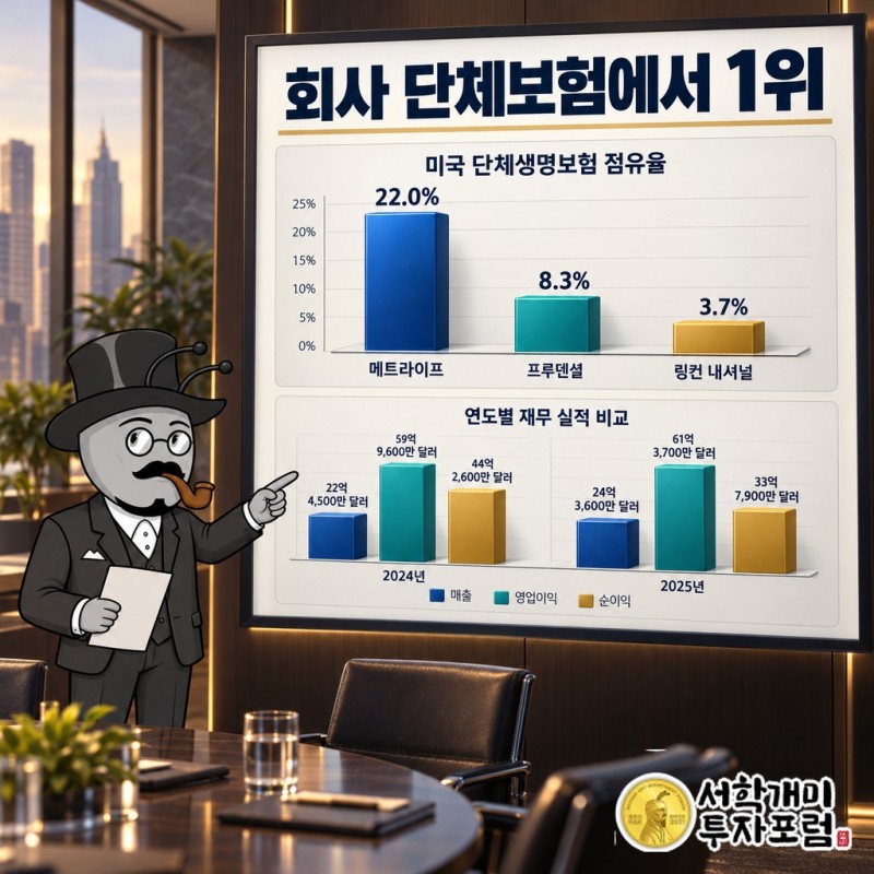 미국 단체생명보험 점유율 메트라이프 22.0%, 프루덴셜 8.3%, 링컨 내셔널 3.7% 비교 막대
