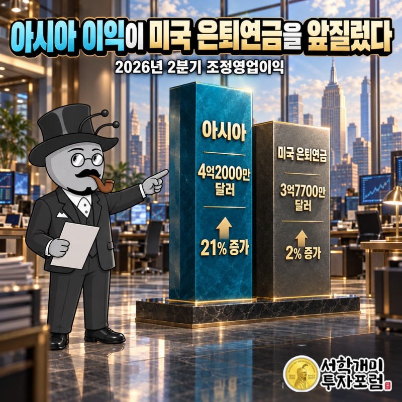 2026년 2분기 아시아 이익 4억2000만 달러와 미국 은퇴연금 사업 3억7700만 달러 비교