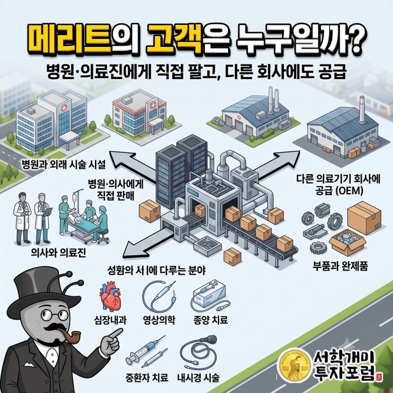 병원과 외래 시술 시설, 의사에게 시술 기구를 팔고 다른 의료기기 회사에도 부품과 완제품을 공급하는 메리트