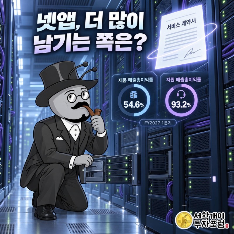 넷앱 데이터센터 장면과 제품·지원 매출총이익률 비교