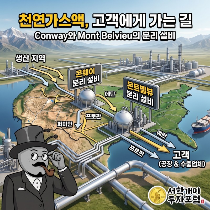 여러 생산 지역의 천연가스액이 콘웨이와 몬트벨뷰의 분리 설비를 거쳐 고객에게 향하는 흐름