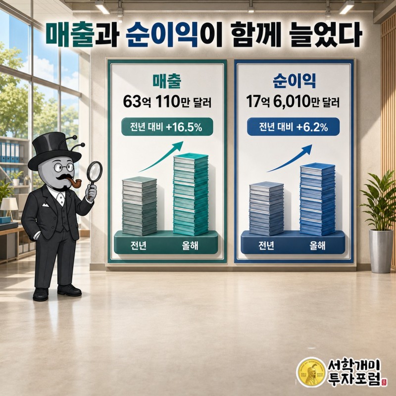 이전 기간과 최근 기간의 매출, 영업이익, 순이익이 모두 늘어난 흐름을 한 축에서 견주고 세 항목의 증가 속도가 서로 다름을 보여주는 실적 장면