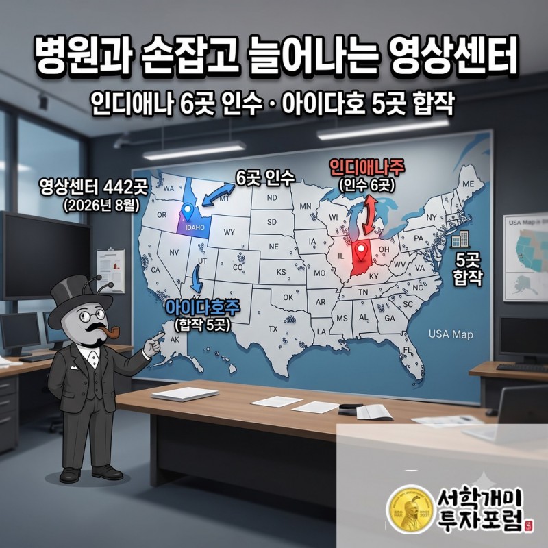 인디애나 6곳 인수와 아이다호 5곳 합작으로 늘어난 래드넷 영상센터 분포를 표시한 미국 지도