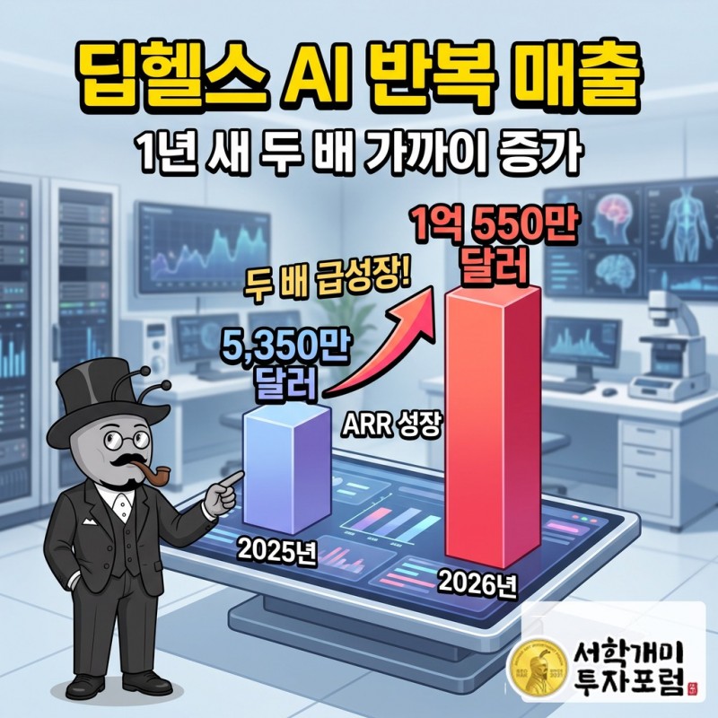 딥헬스 연간 반복 매출이 5,350만 달러에서 1억 550만 달러로 늘어난 막대 비교