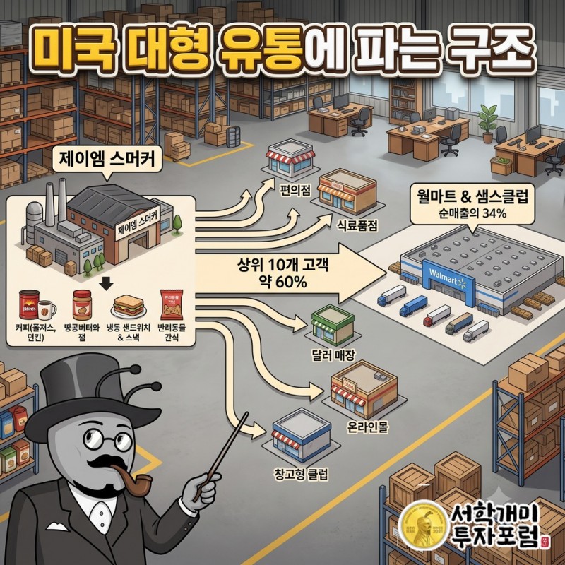 스머커가 커피·땅콩버터·반려동물 간식·스낵케이크를 월마트 등 미국 대형 유통에 파는 구조