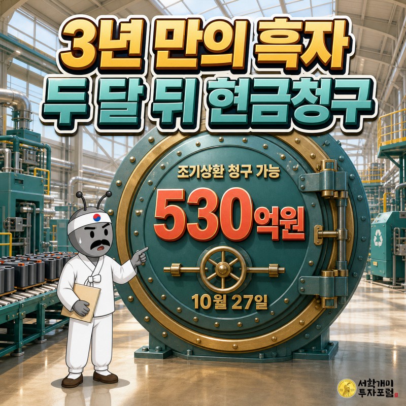 성일하이텍 3년 만의 흑자 두 달 뒤 현금청구 커버. 조기상환 청구 가능 530억원 10월 27일이 새겨진 금고 문 앞의 서민개미
