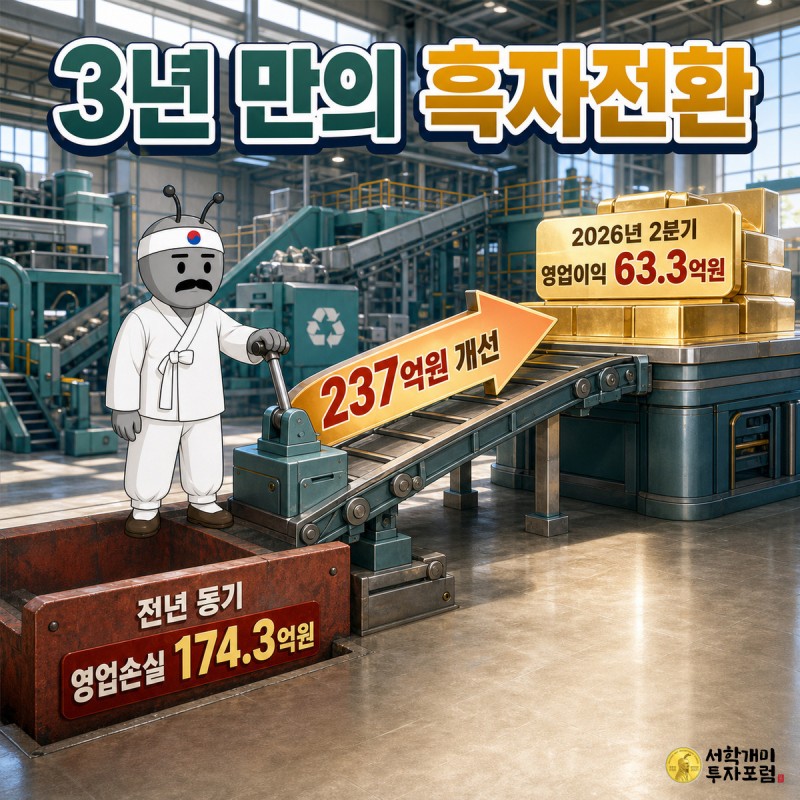 폐배터리 공장에서 전년 동기 영업손실 174.3억원 구덩이로부터 237억원 개선 화살표가 올라와 2026년 2분기 영업이익 63.3억원 금괴에 닿는 장면