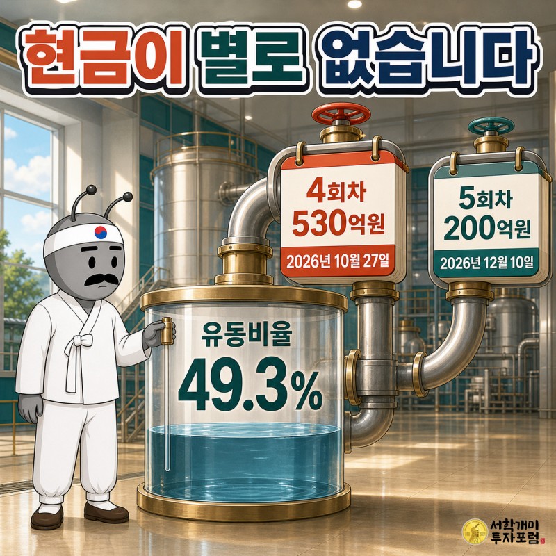 유동비율 49.3% 물탱크 옆으로 4회차 530억원 2026년 10월 27일, 5회차 200억원 2026년 12월 10일 밸브 표지판이 달린 장면