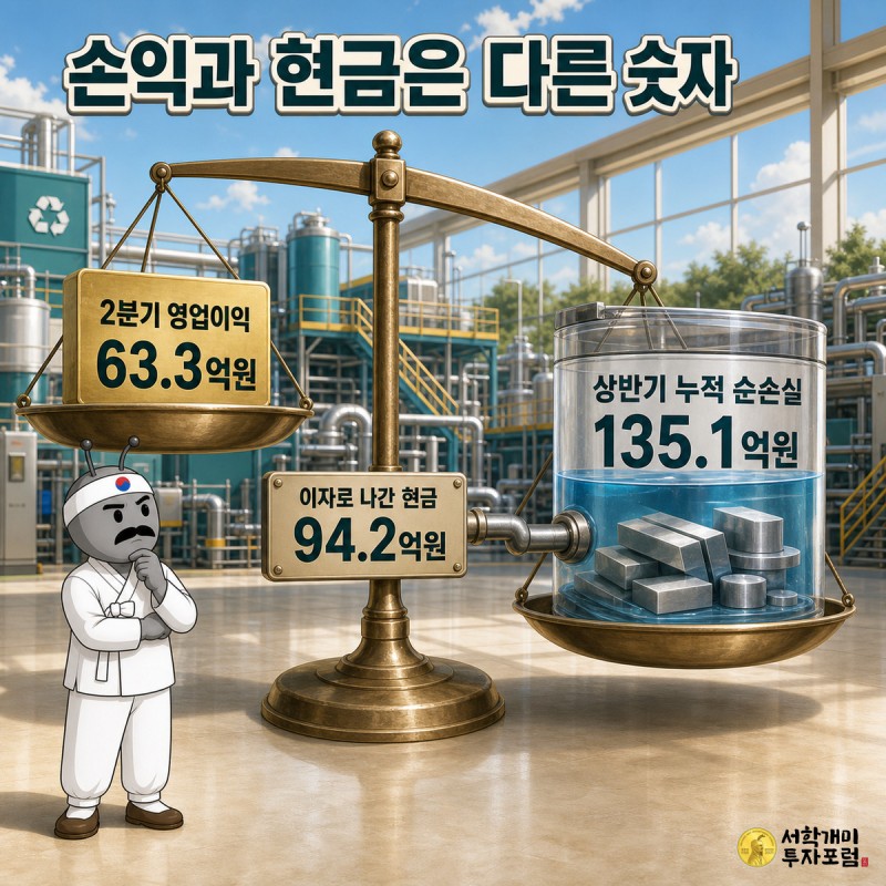 저울 한쪽에 2분기 영업이익 63.3억원, 반대쪽에 상반기 누적 순손실 135.1억원 물통이 놓이고 이자로 나간 현금 94.2억원 팻말이 걸린 장면