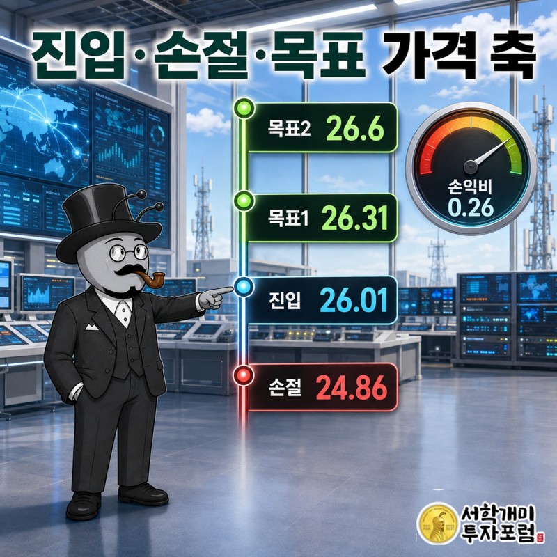 AT&T의 진입가와 손절가, 두 목표가를 1센트 단위로 표시한 가격 축
