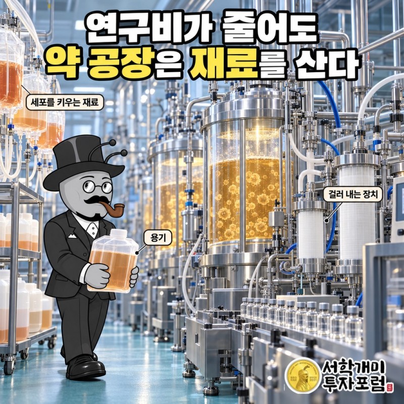 세포를 키워 약을 만드는 바이오생산 공장에 써모피셔의 생산용 재료가 들어가는 장면