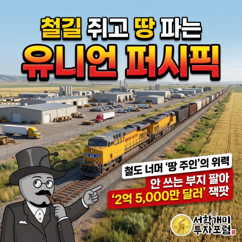 미국 서부 들판을 가로지르는 화물열차와 철길 옆 공장 부지, 유니언 퍼시픽이 쓰지 않는 공장 부지로 2억 5,000만 달러를 벌었다는 제목