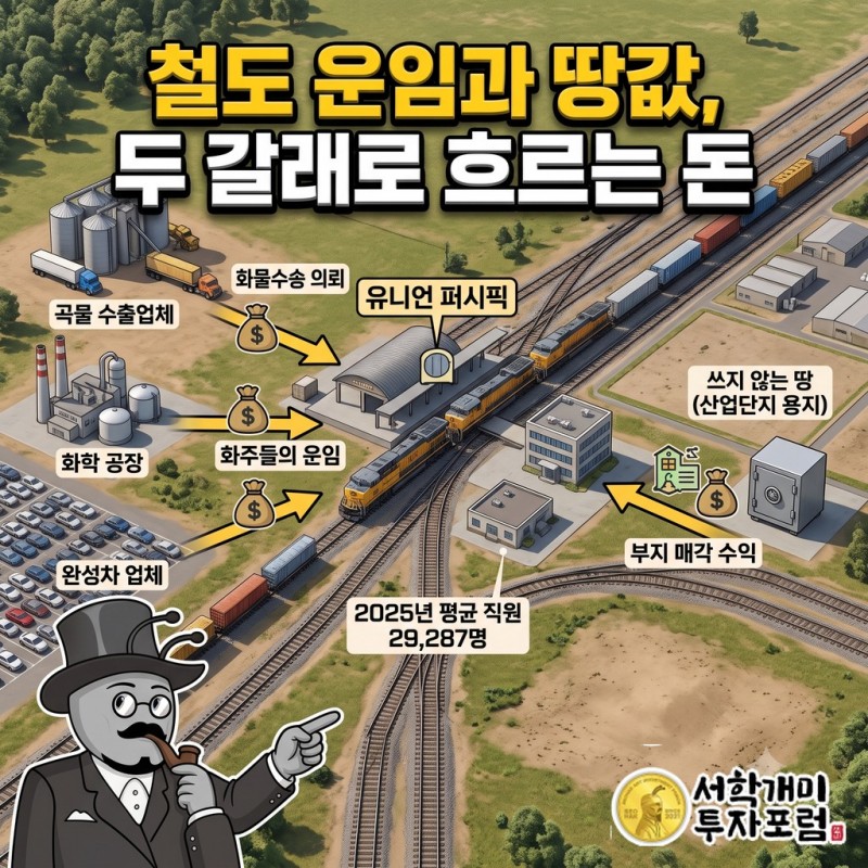 곡물 수출업체·화학 공장·완성차 업체가 유니언 퍼시픽 철도에 짐을 맡기고 운임을 내는 흐름과 부지 매각 수익이 따로 들어오는 구조