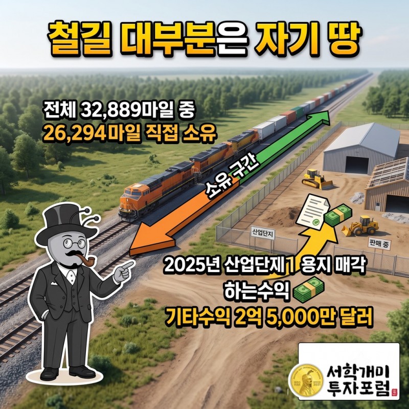 유니언 퍼시픽 철길 32,889마일 가운데 26,294마일이 직접 소유 구간이며 철길 옆 산업단지 용지를 판매하는 모습