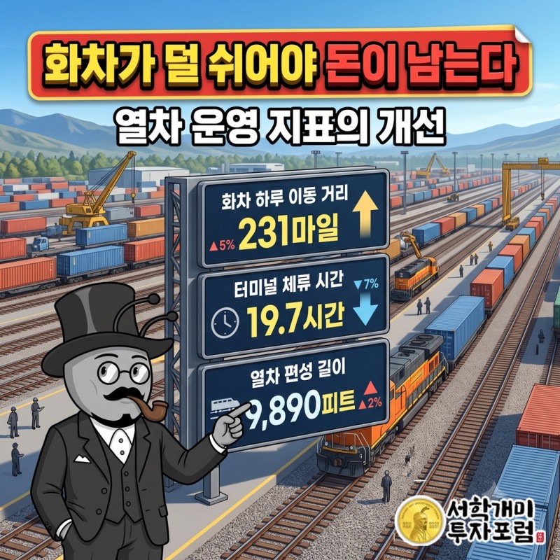 화차 하루 이동 거리 231마일, 터미널 체류 19.7시간, 열차 길이 9,890피트로 나아진 운영 지표