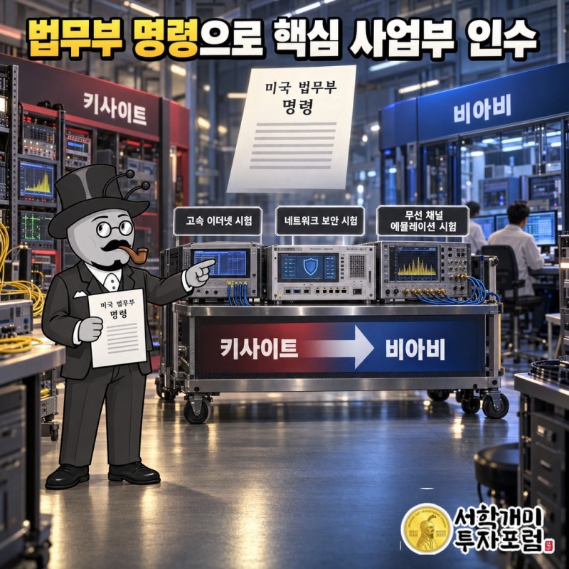 미국 법무부 명령으로 키사이트가 스프런트의 고속 이더넷·네트워크 보안·RF 채널 에뮬레이션 시험 사업부를 비아비에 현금 4억 2500만 달러에 넘기는 흐름